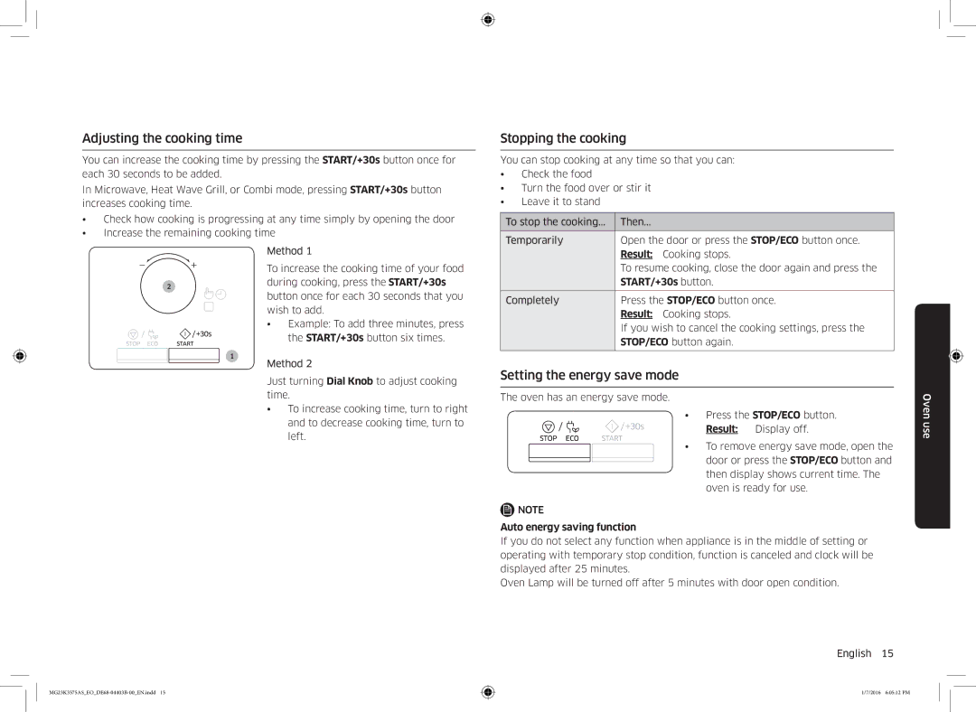 Samsung MG23K3575AK/EF, MG23K3575AS/EO manual Adjusting the cooking time, Stopping the cooking, Setting the energy save mode 