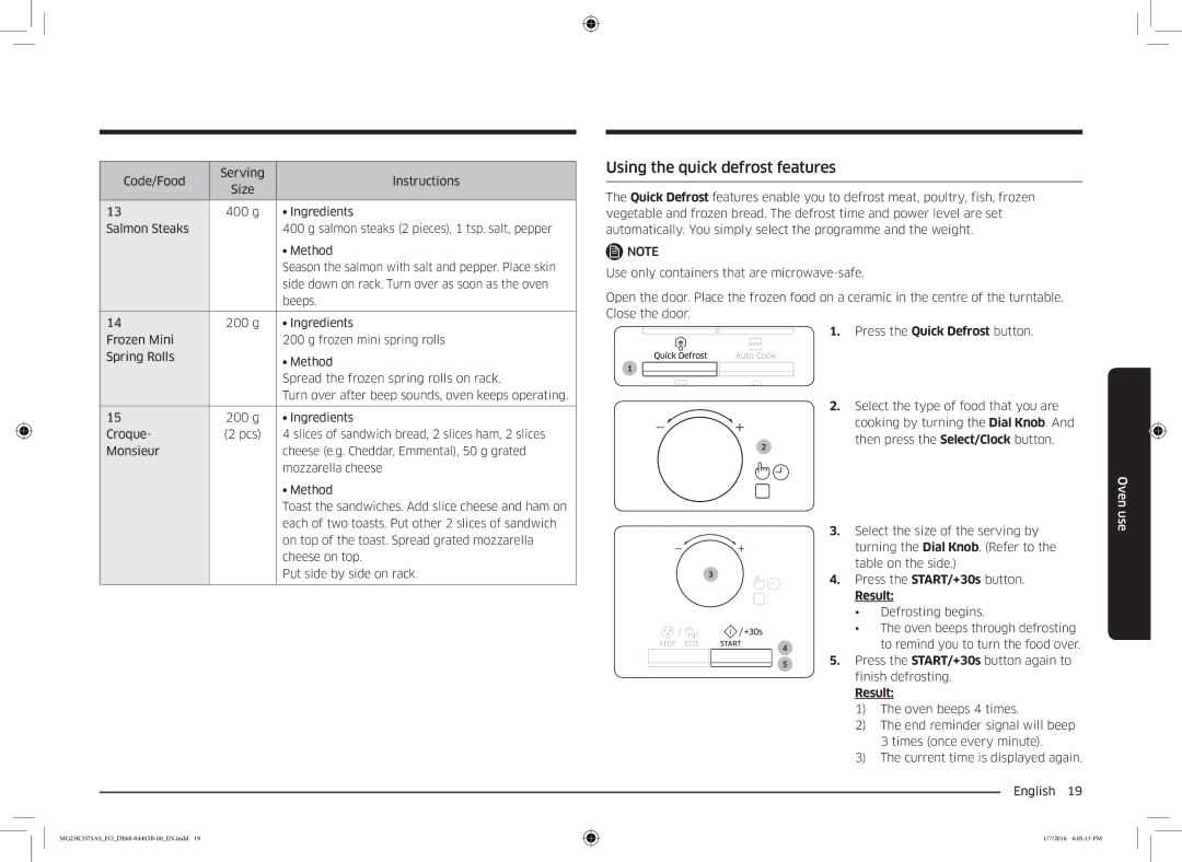 Samsung MG23K3575AK/EF, MG23K3575AS/EO manual Using the quick defrost features, Press the Quick Defrost button 