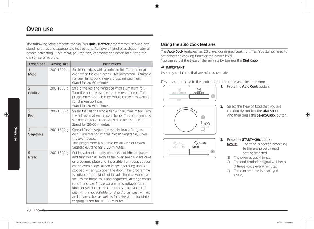 Samsung MG23K3575AS/EO, MG23K3575AK/EF manual Using the auto cook features, For beef, lamb, pork, steaks, chops, minced meat 