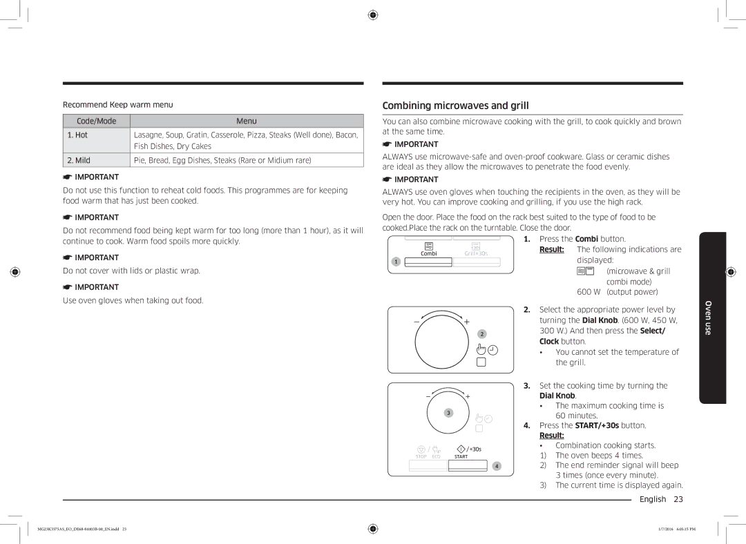 Samsung MG23K3575AK/EF, MG23K3575AS/EO manual Combining microwaves and grill 