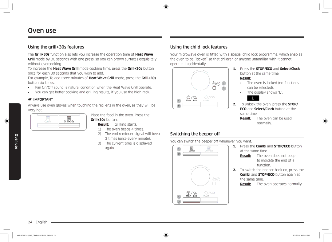 Samsung MG23K3575AS/EO manual Using the grill+30s features, Using the child lock features, Switching the beeper off 