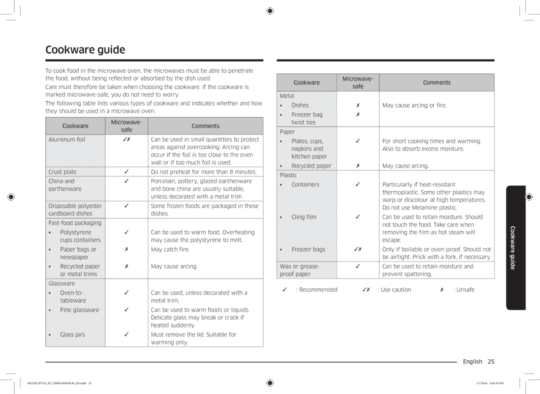 Samsung MG23K3575AK/EF, MG23K3575AS/EO manual Cookware guide 