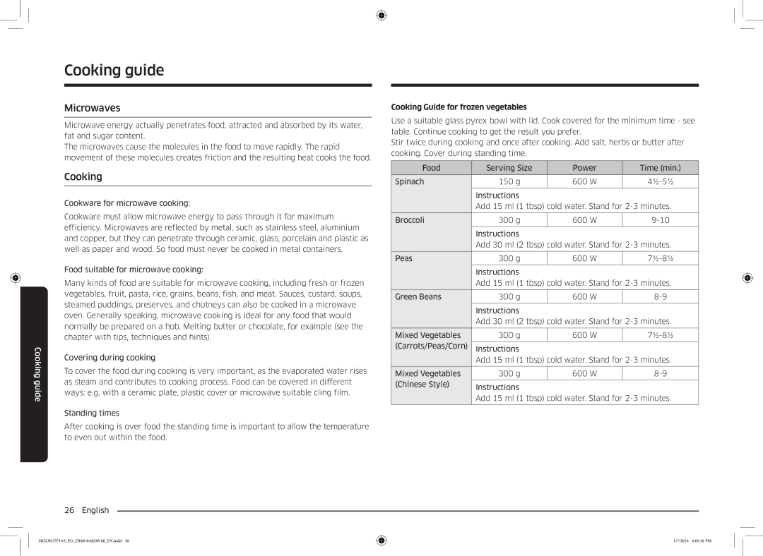 Samsung MG23K3575AS/EO, MG23K3575AK/EF manual Cooking guide, Microwaves, Cooking Guide for frozen vegetables 