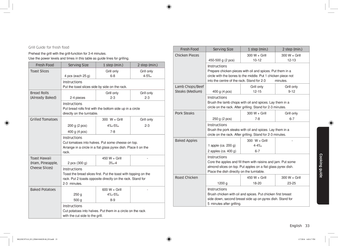 Samsung MG23K3575AK/EF, MG23K3575AS/EO manual Grill Guide for fresh food 