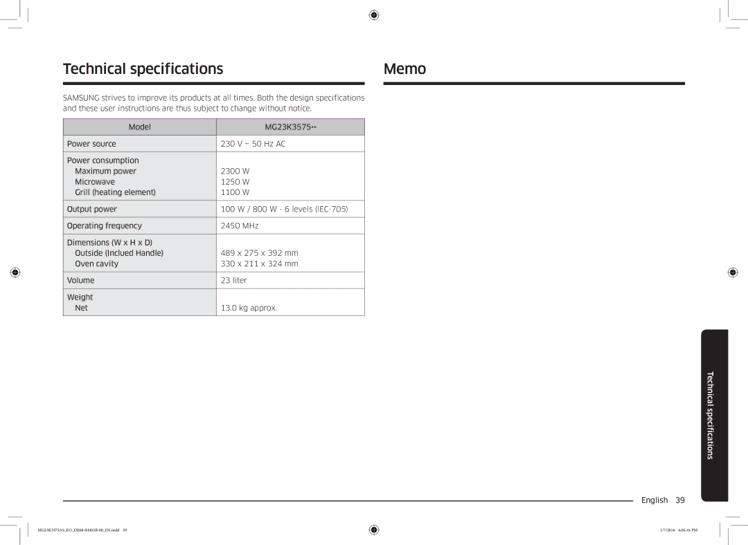 Samsung MG23K3575AK/EF, MG23K3575AS/EO manual Technical specifications Memo 