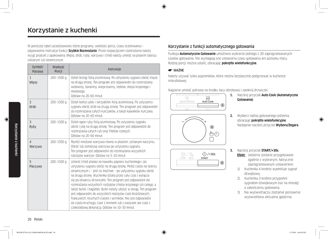 Samsung MG23K3575AS/EO, MG23K3575AK/EF manual Korzystanie z funkcji automatycznego gotowania 