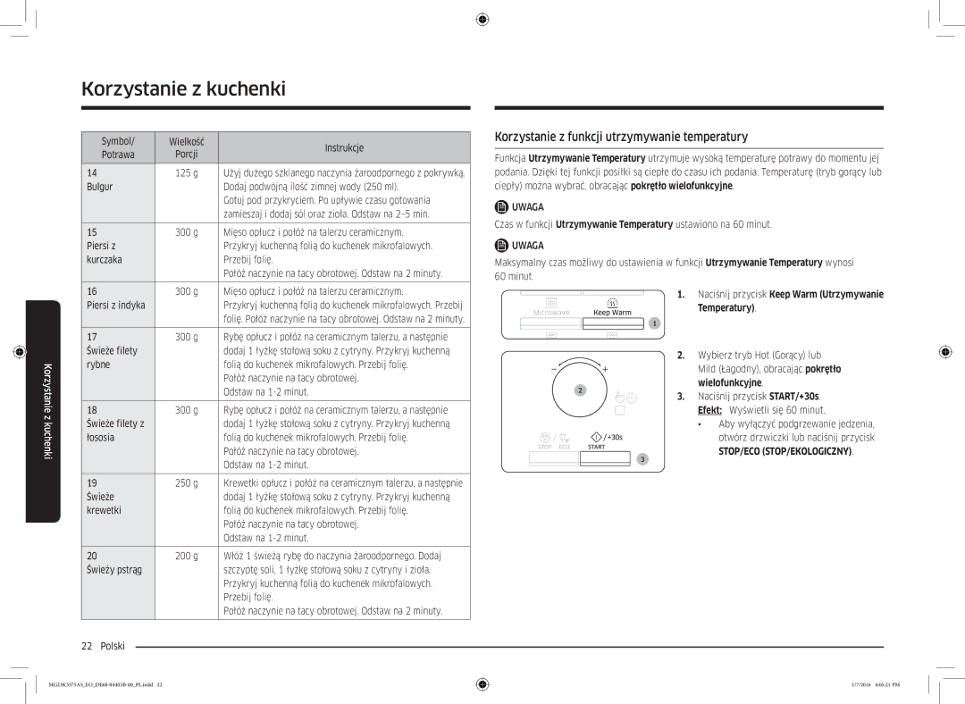 Samsung MG23K3575AS/EO, MG23K3575AK/EF manual Korzystanie z funkcji utrzymywanie temperatury, Kurczaka Przebij folię 