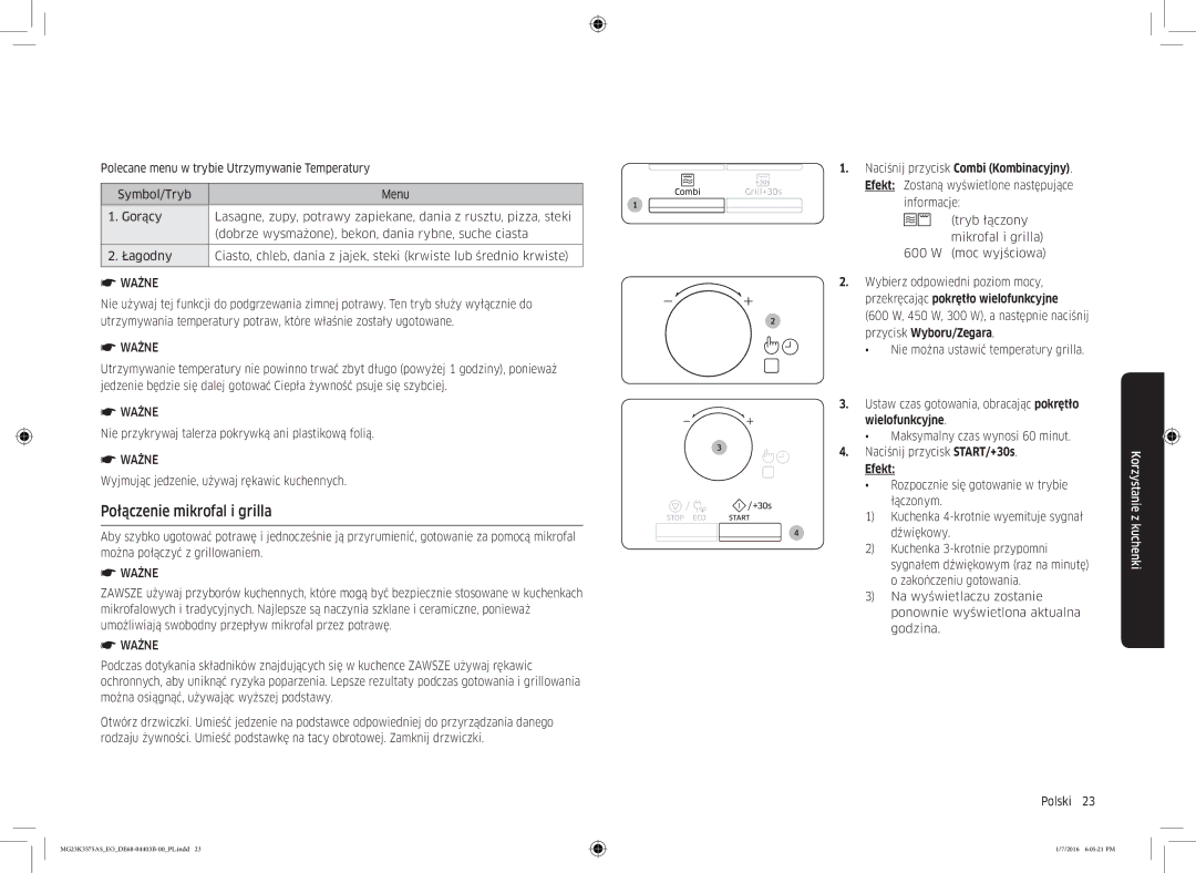 Samsung MG23K3575AK/EF, MG23K3575AS/EO manual Połączenie mikrofal i grilla 