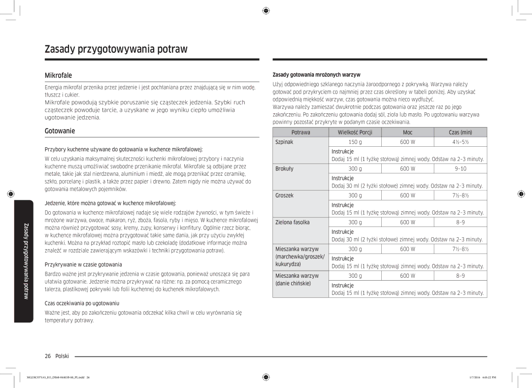 Samsung MG23K3575AS/EO manual Zasady przygotowywania potraw, Mikrofale, Gotowanie, Zasady gotowania mrożonych warzyw 