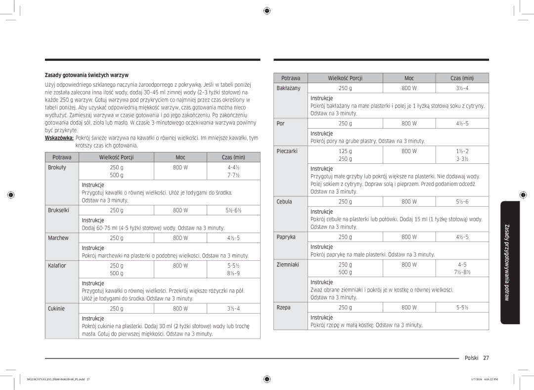 Samsung MG23K3575AK/EF, MG23K3575AS/EO manual Zasady gotowania świeżych warzyw, Kalafior 250 g 