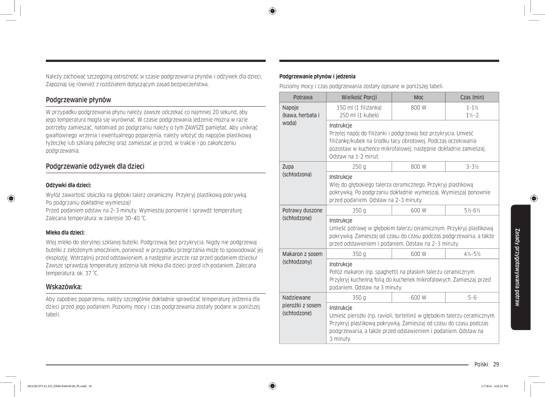 Samsung MG23K3575AK/EF, MG23K3575AS/EO manual Podgrzewanie płynów, Podgrzewanie odżywek dla dzieci, Wskazówka 