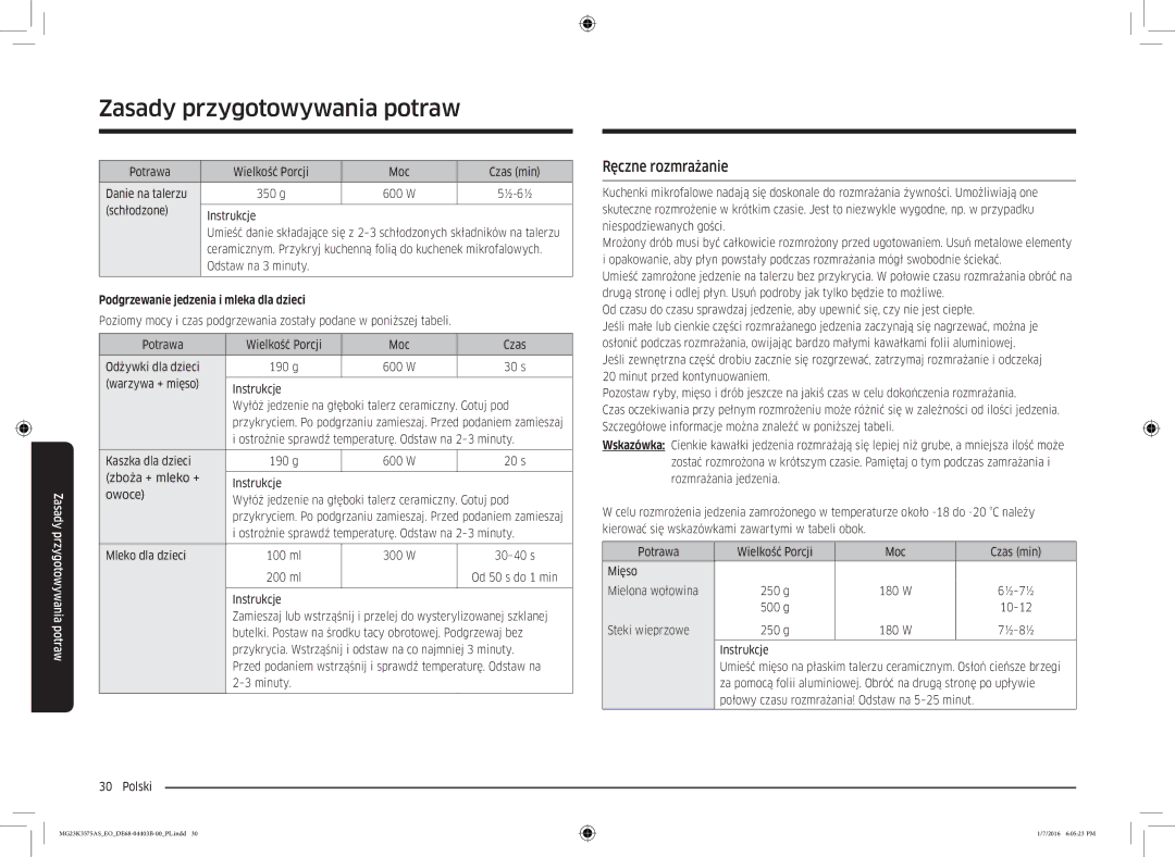 Samsung MG23K3575AS/EO, MG23K3575AK/EF manual Ręczne rozmrażanie, Podgrzewanie jedzenia i mleka dla dzieci 