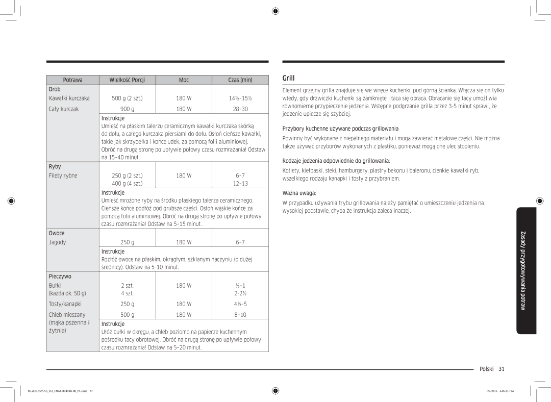 Samsung MG23K3575AK/EF manual Grill, Potrawa Wielkość Porcji Moc Czas min Drób Kawałki kurczaka, Cały kurczak 900 g 