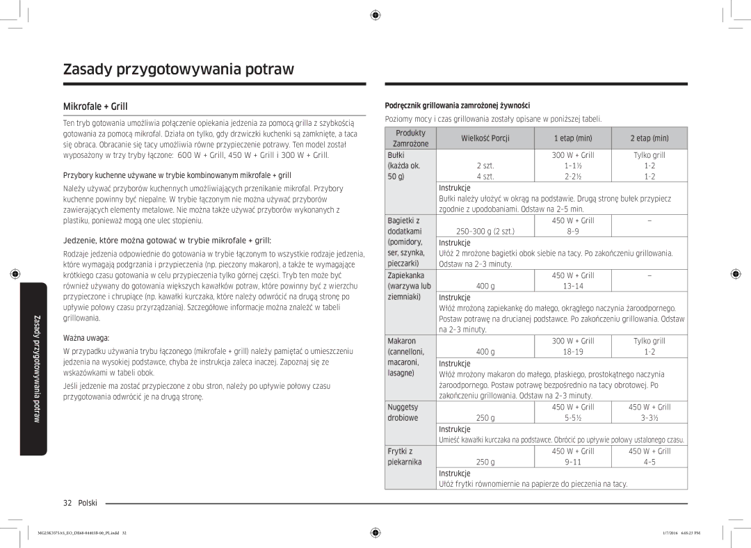 Samsung MG23K3575AS/EO, MG23K3575AK/EF manual Mikrofale + Grill, Podręcznik grillowania zamrożonej żywności 