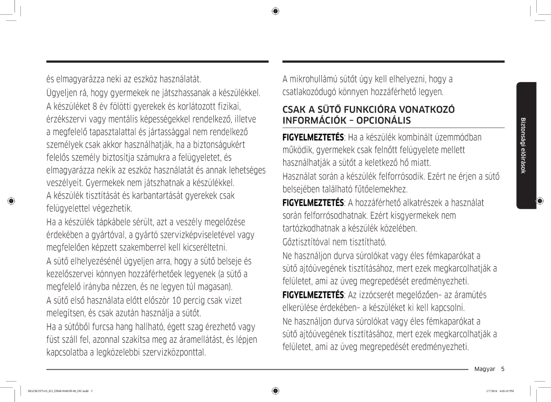 Samsung MG23K3575AK/EF, MG23K3575AS/EO manual Csak a Sütő Funkcióra Vonatkozó Információk Opcionális 
