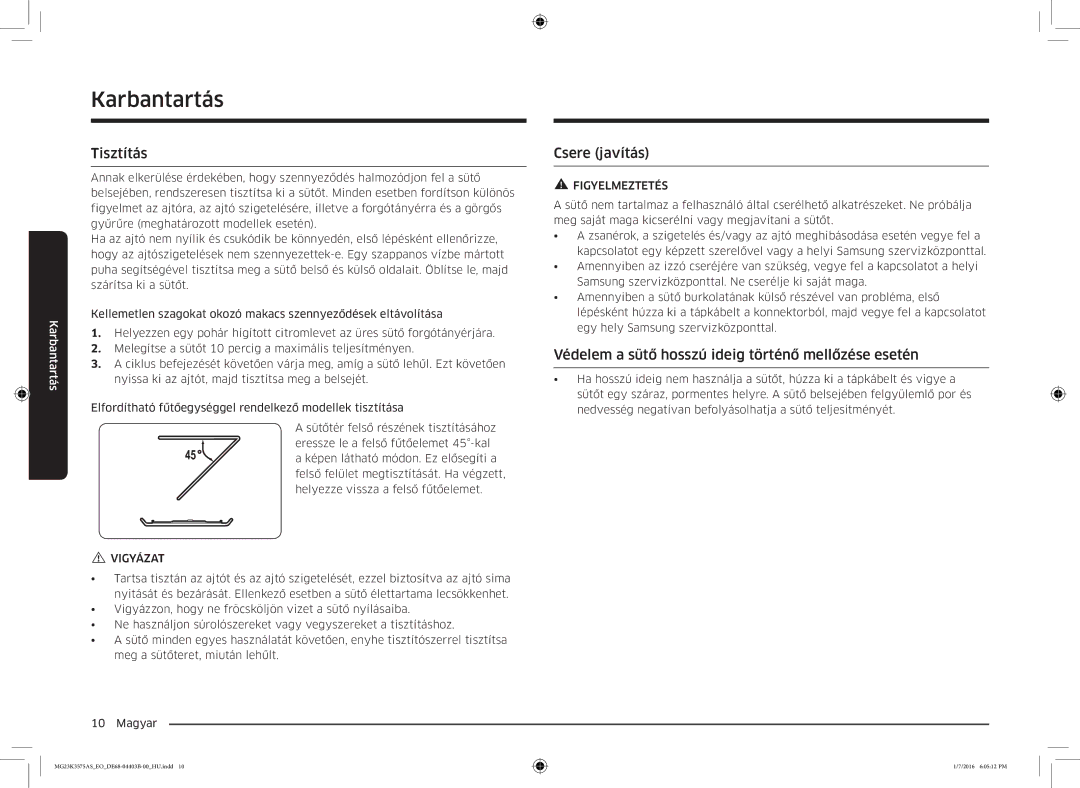 Samsung MG23K3575AS/EO manual Karbantartás, Tisztítás, Csere javítás, Védelem a sütő hosszú ideig történő mellőzése esetén 