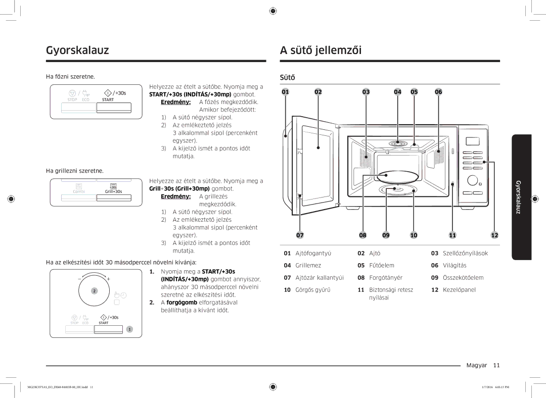 Samsung MG23K3575AK/EF manual Gyorskalauz, Sütő jellemzői, Ajtófogantyú Szellőzőnyílások Grillemez Fűtőelem Világítás 