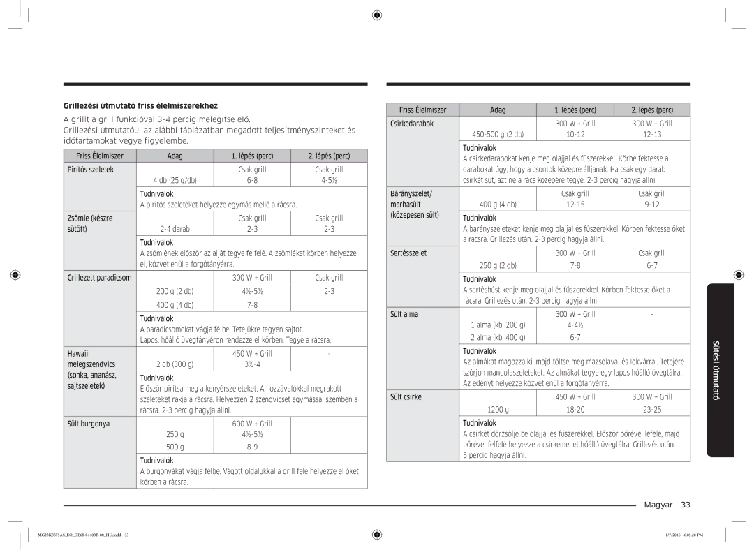 Samsung MG23K3575AK/EF, MG23K3575AS/EO manual Grillezési útmutató friss élelmiszerekhez 