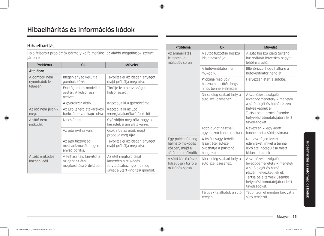 Samsung MG23K3575AK/EF, MG23K3575AS/EO manual Hibaelhárítás és információs kódok 