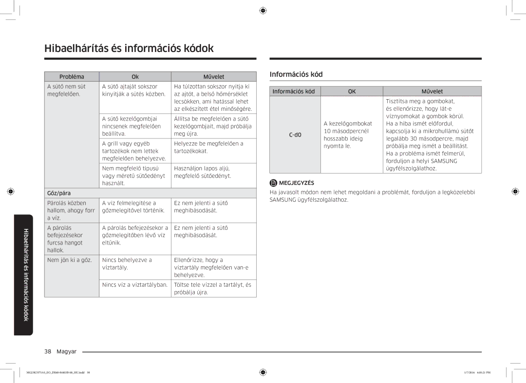 Samsung MG23K3575AS/EO, MG23K3575AK/EF manual Információs kód, Megjegyzés 