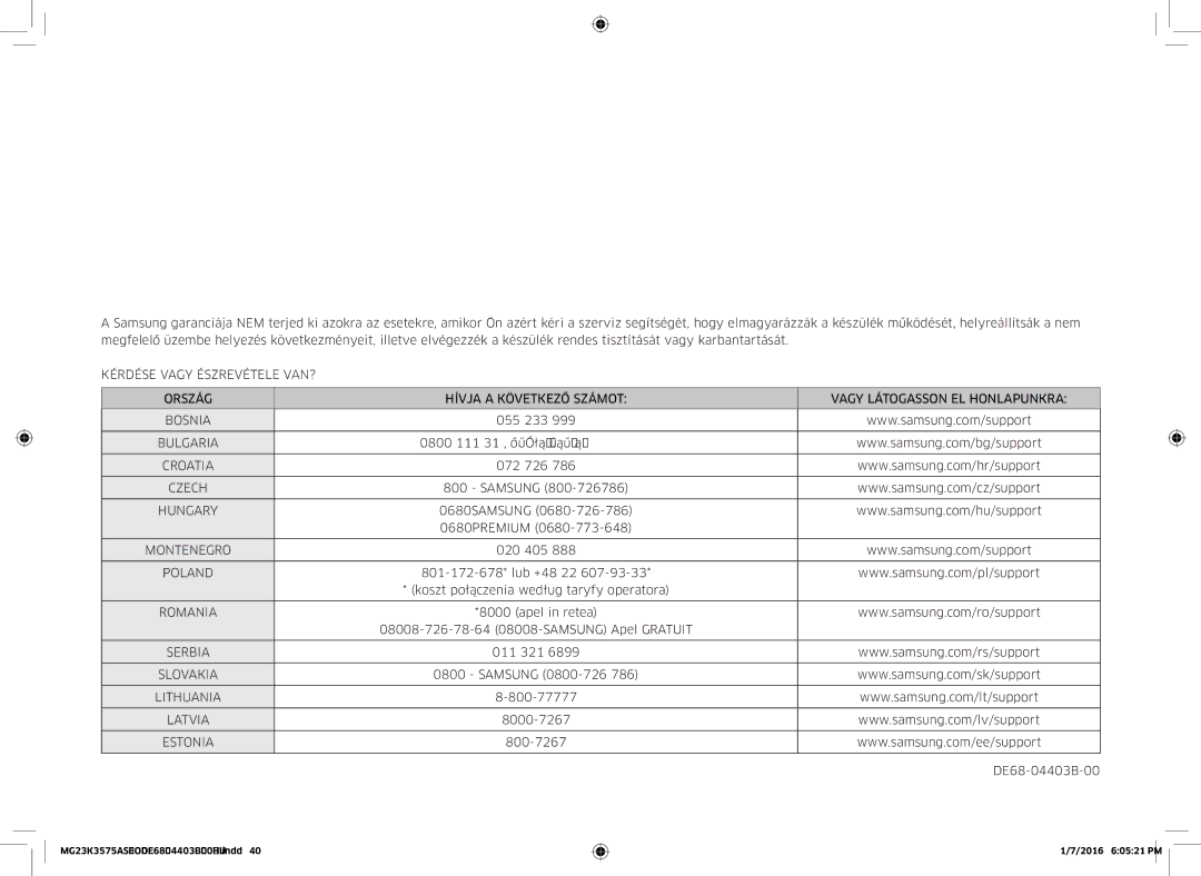 Samsung MG23K3575AS/EO, MG23K3575AK/EF Bulgaria, Czech, Hungary, Montenegro, Poland, Romania, Serbia, Lithuania, Estonia 