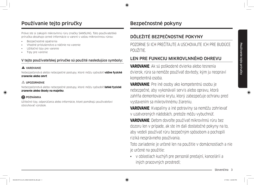 Samsung MG23K3575AK/EF, MG23K3575AS/EO Používanie tejto príručky, Bezpečnostné pokyny, Varovanie, Upozornenie, Poznámka 