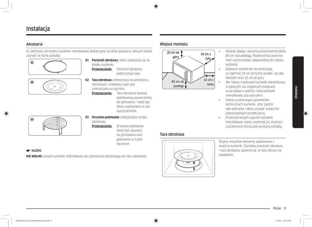 Samsung MG23K3575AK/EF, MG23K3575AS/EO manual Instalacja, Akcesoria, Miejsce montażu, Taca obrotowa 