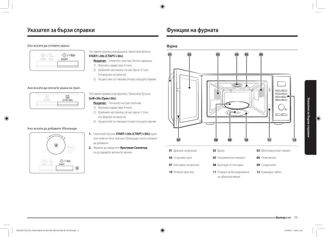 Samsung MG23K3575AS/OL, MG23K3575AS/EO manual Указател за бързи справки Функции на фурната, Фурна 