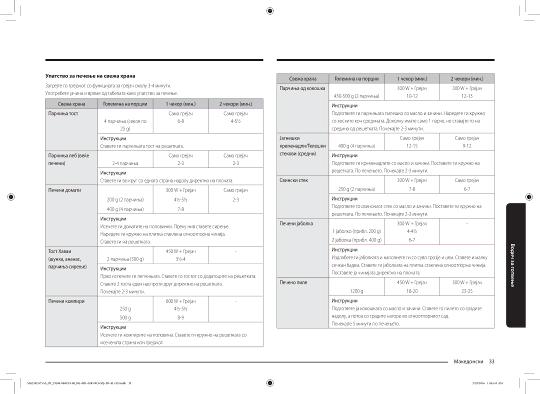 Samsung MG23K3575AS/OL, MG23K3575AS/EO manual Упатство за печење на свежа храна 