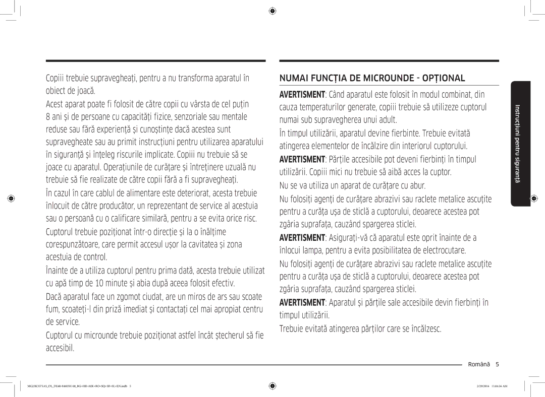 Samsung MG23K3575AS/OL, MG23K3575AS/EO manual Numai Funcţia DE Microunde Opţional 