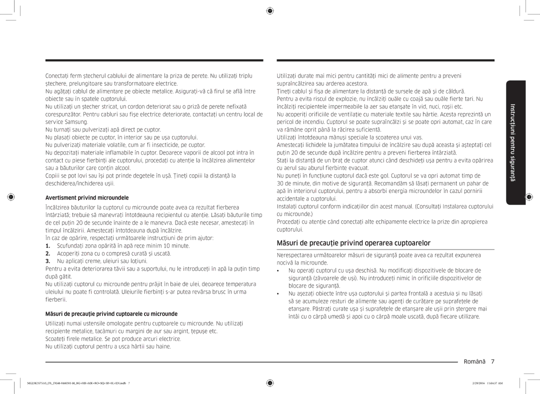 Samsung MG23K3575AS/OL, MG23K3575AS/EO Măsuri de precauţie privind operarea cuptoarelor, Avertisment privind microundele 