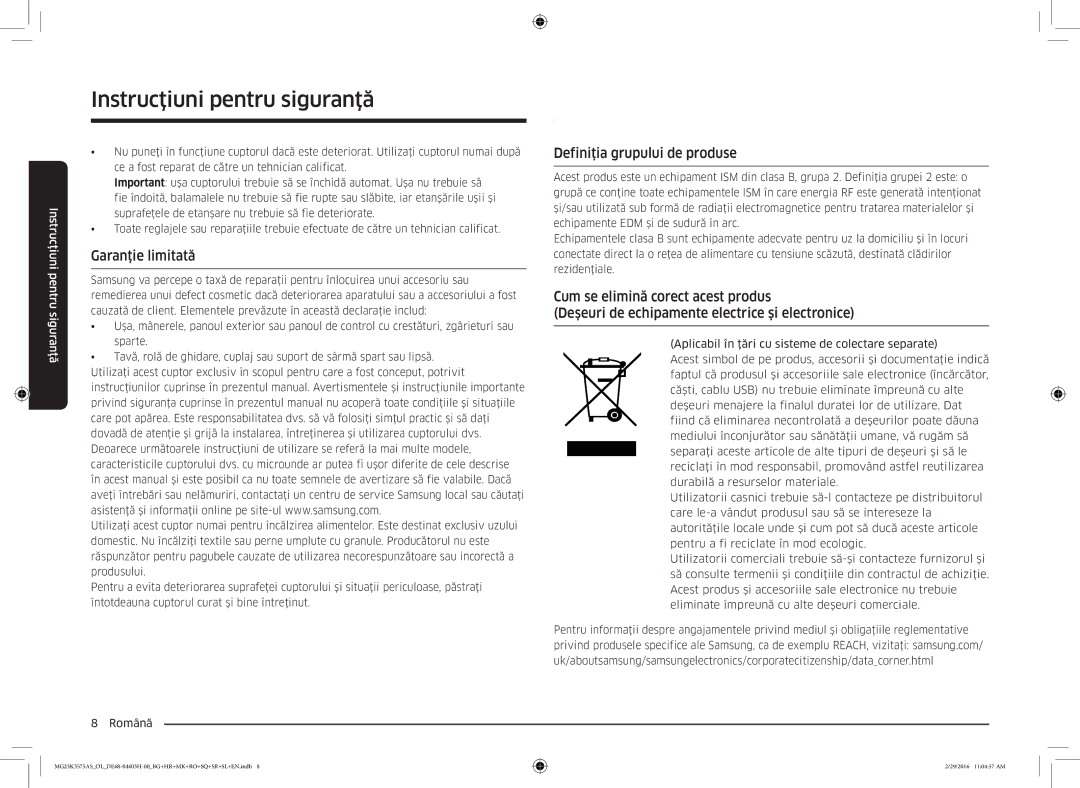 Samsung MG23K3575AS/EO, MG23K3575AS/OL manual Garanţie limitată, Definiţia grupului de produse 