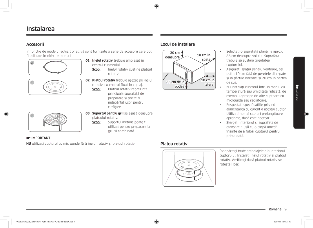 Samsung MG23K3575AS/OL, MG23K3575AS/EO manual Instalarea, Accesorii, Locul de instalare, Platou rotativ 