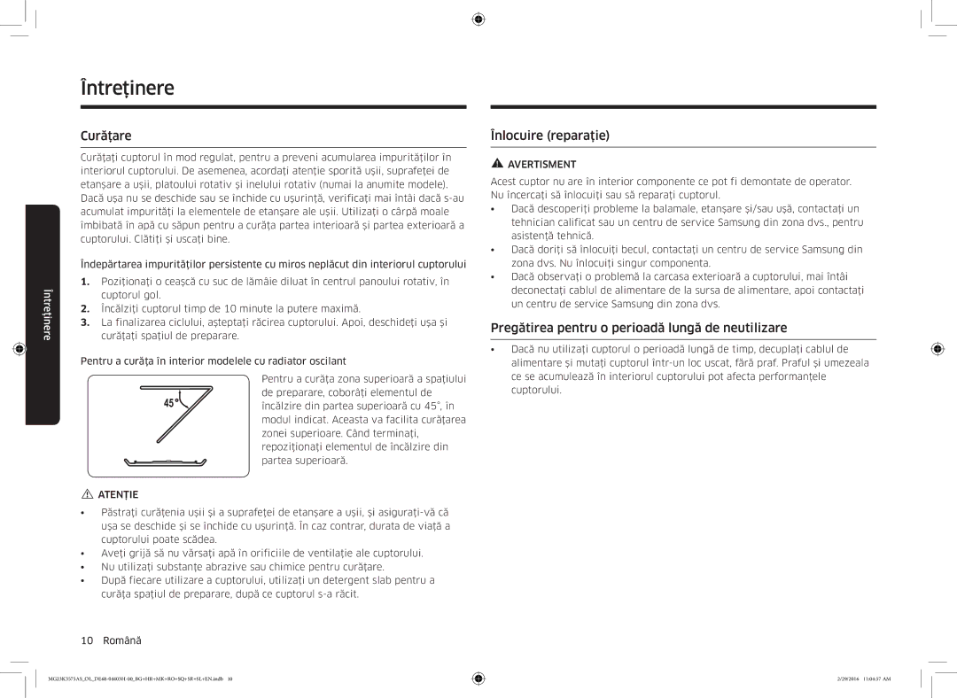 Samsung MG23K3575AS/EO manual Întreţinere, Curăţare, Înlocuire reparaţie, Pregătirea pentru o perioadă lungă de neutilizare 