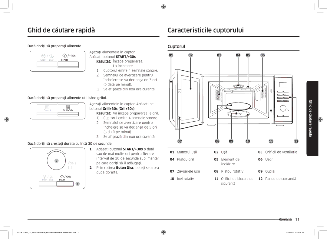 Samsung MG23K3575AS/OL, MG23K3575AS/EO manual Ghid de căutare rapidă, Caracteristicile cuptorului, Cuptorul 