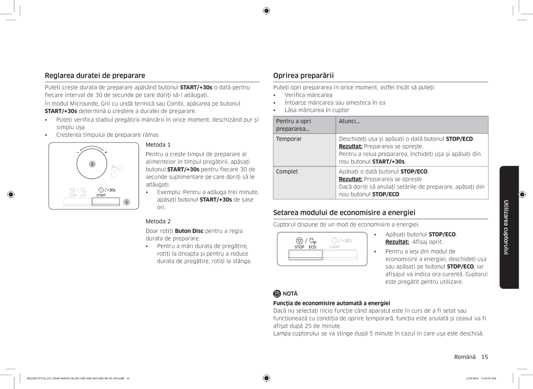 Samsung MG23K3575AS/OL manual Reglarea duratei de preparare, Oprirea preparării, Setarea modului de economisire a energiei 