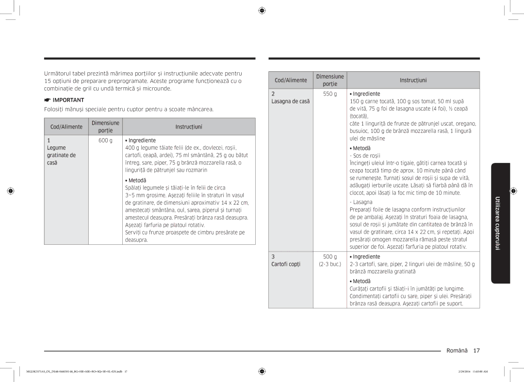 Samsung MG23K3575AS/OL manual Carne tocată, 100 g sos tomat, 50 ml supă, De vită, 75 g foi de lasagna uscate 4 foi, ½ ceapă 