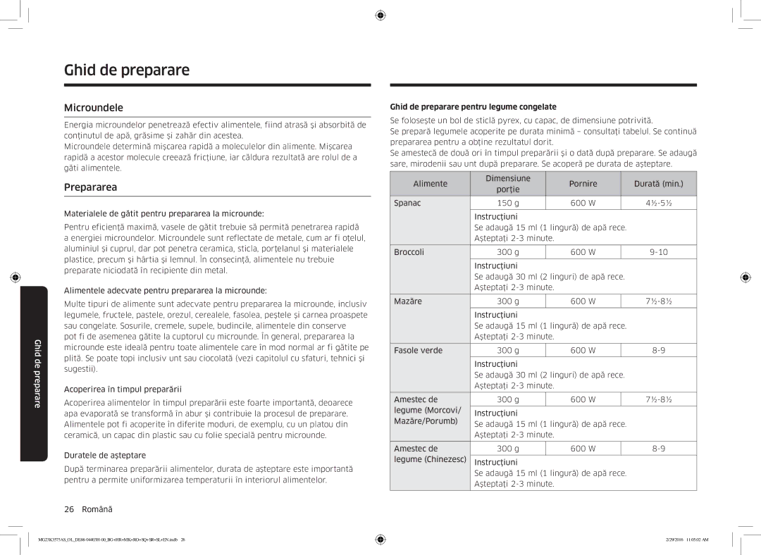 Samsung MG23K3575AS/EO, MG23K3575AS/OL manual Microundele, Prepararea, Ghid de preparare pentru legume congelate 