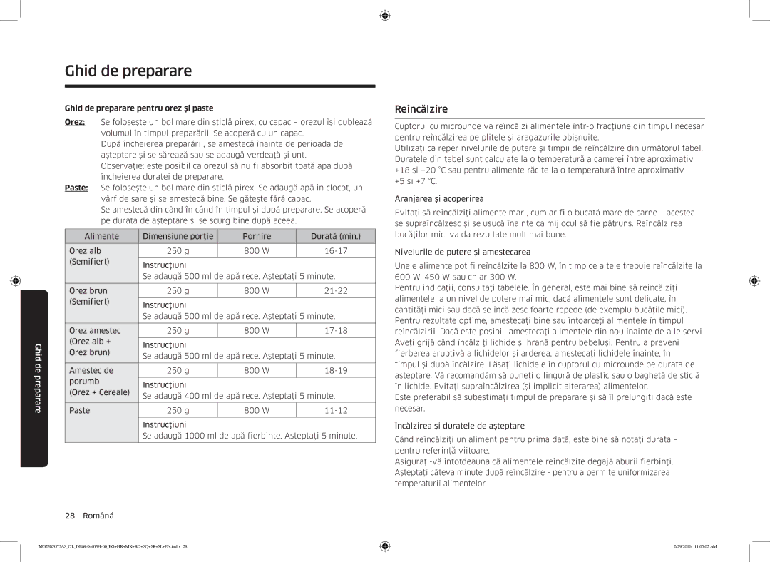 Samsung MG23K3575AS/EO, MG23K3575AS/OL manual Reîncălzire, Ghid de preparare pentru orez şi paste 