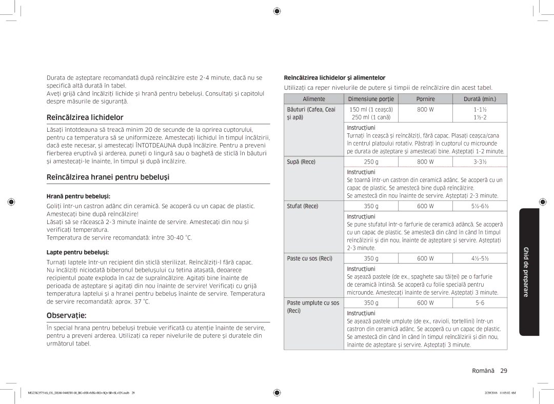 Samsung MG23K3575AS/OL, MG23K3575AS/EO manual Reîncălzirea lichidelor, Reîncălzirea hranei pentru bebeluşi, Observaţie 