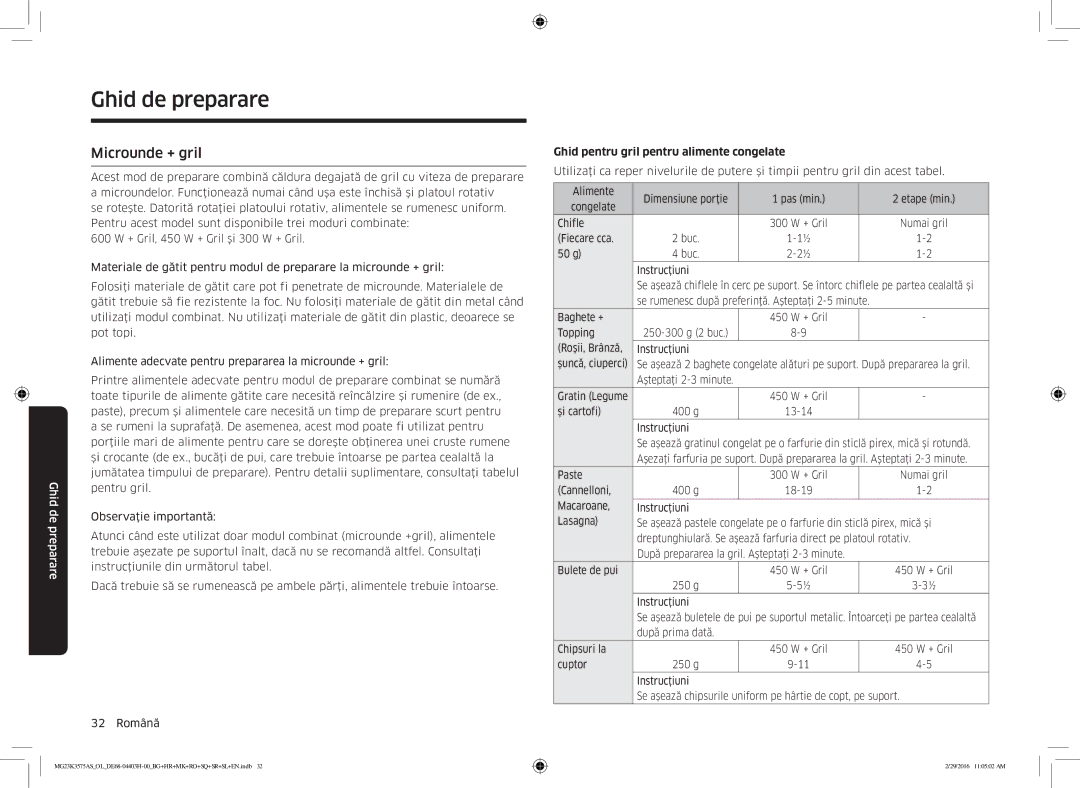 Samsung MG23K3575AS/EO, MG23K3575AS/OL manual Microunde + gril, Ghid pentru gril pentru alimente congelate 