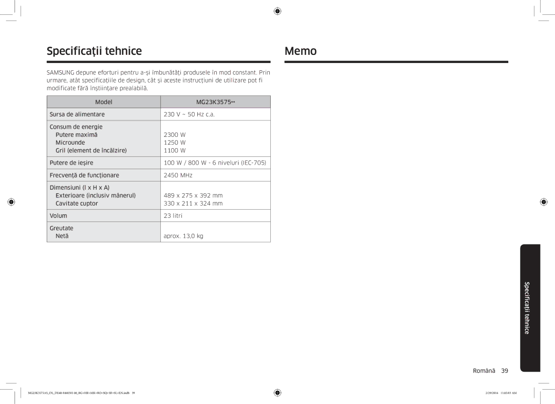 Samsung MG23K3575AS/OL, MG23K3575AS/EO manual Specificaţii tehnice Memo 