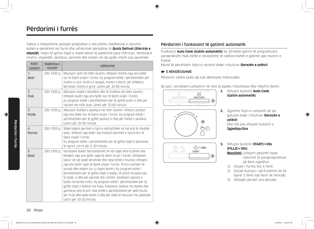 Samsung MG23K3575AS/EO, MG23K3575AS/OL manual Përdorimi i funksionit të gatimit automatik, Gatim automatik, Çelësit 