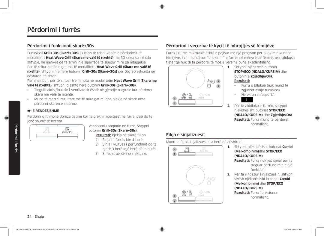 Samsung MG23K3575AS/EO manual Përdorimi i funksionit skarë+30s, Përdorimi i veçorive të kyçit të mbrojtjes së fëmijëve 