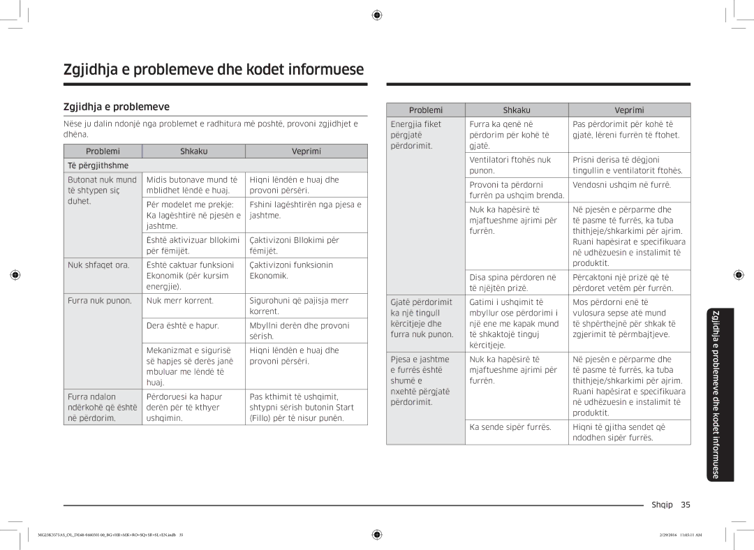 Samsung MG23K3575AS/OL, MG23K3575AS/EO manual Zgjidhja e problemeve dhe kodet informuese 