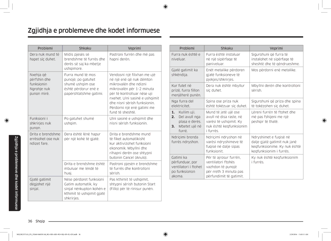 Samsung MG23K3575AS/EO, MG23K3575AS/OL manual Zgjidhja e problemeve dhe kodet informuese 