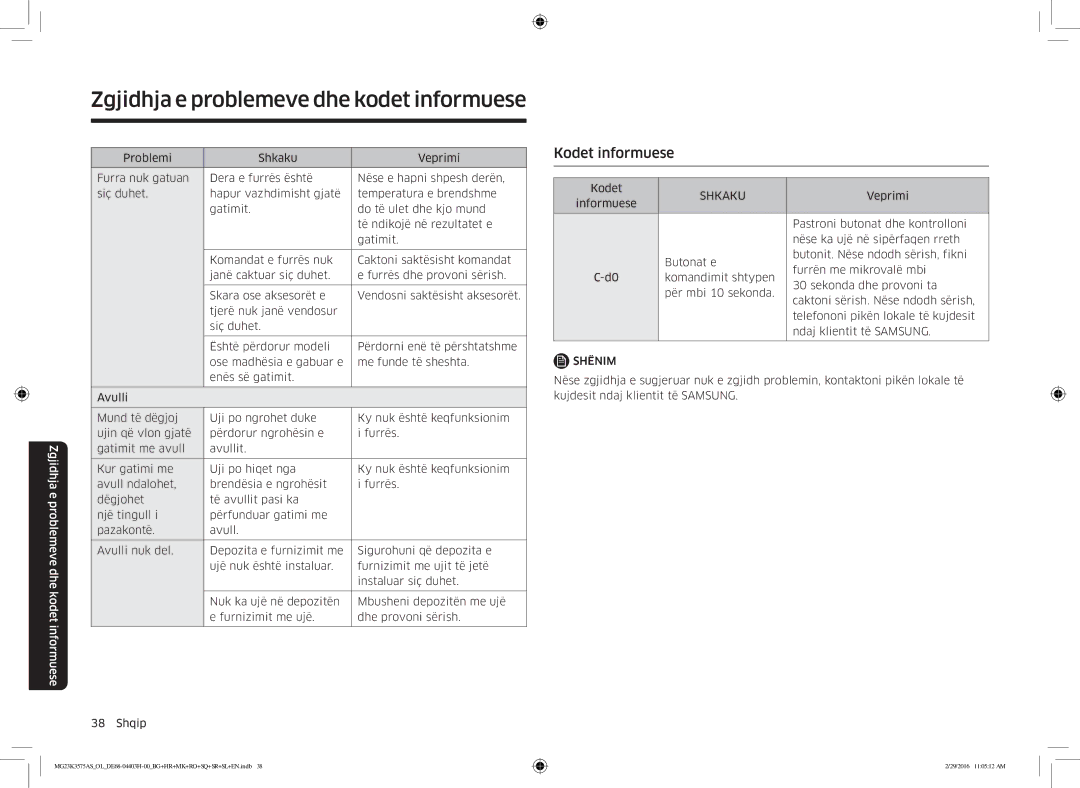 Samsung MG23K3575AS/EO, MG23K3575AS/OL manual Kodet informuese, Shkaku 