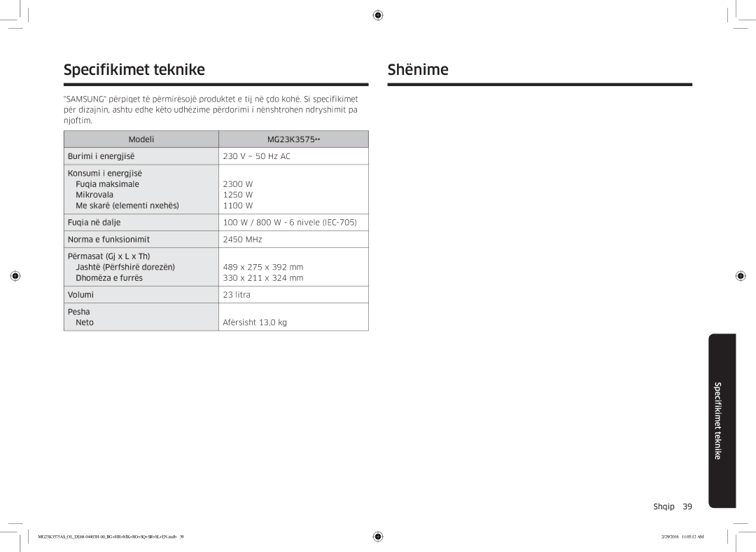 Samsung MG23K3575AS/OL, MG23K3575AS/EO manual Specifikimet teknike Shënime 