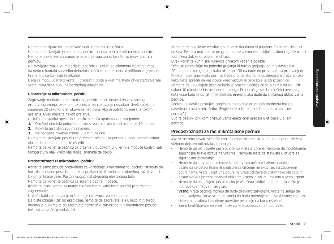 Samsung MG23K3575AS/OL, MG23K3575AS/EO Predostrožnosti za rad mikrotalasne pećnice, Upozorenje za mikrotalasnu pećnicu 