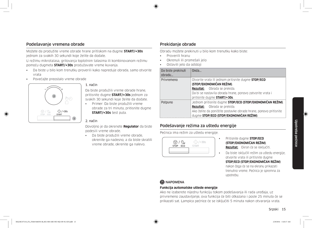 Samsung MG23K3575AS/OL manual Podešavanje vremena obrade, Prekidanje obrade, Podešavanje režima za uštedu energije 